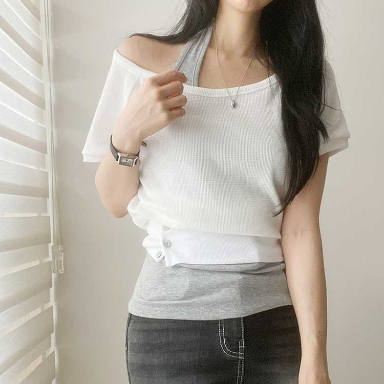スリムホルターネックオフショル半袖Tシャツ WHITE