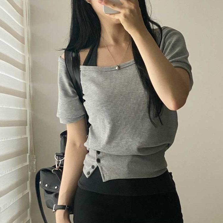 スリムホルターネックオフショル半袖Tシャツ GREY