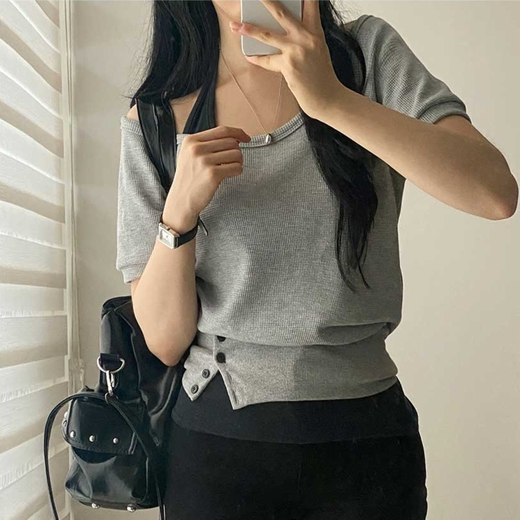 スリムホルターネックオフショル半袖Tシャツ GREY