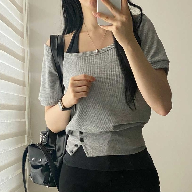 スリムホルターネックオフショル半袖Tシャツ GREY