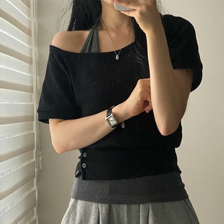 スリムホルターネックオフショル半袖Tシャツ BLACK