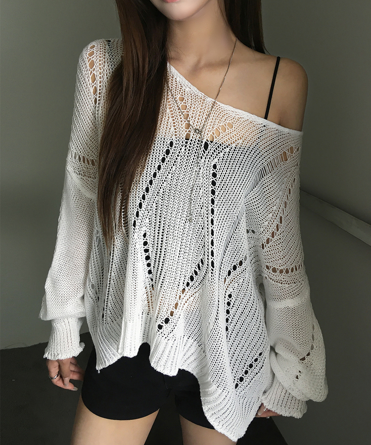 ルーズパンチングVネックシアーニット WHITE