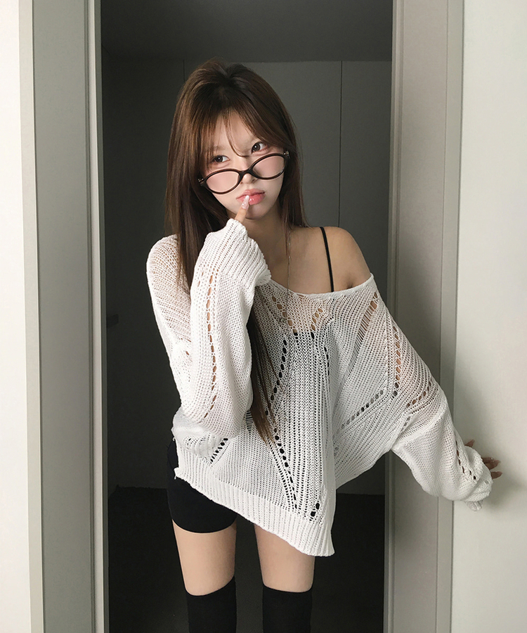 ルーズパンチングVネックシアーニット WHITE