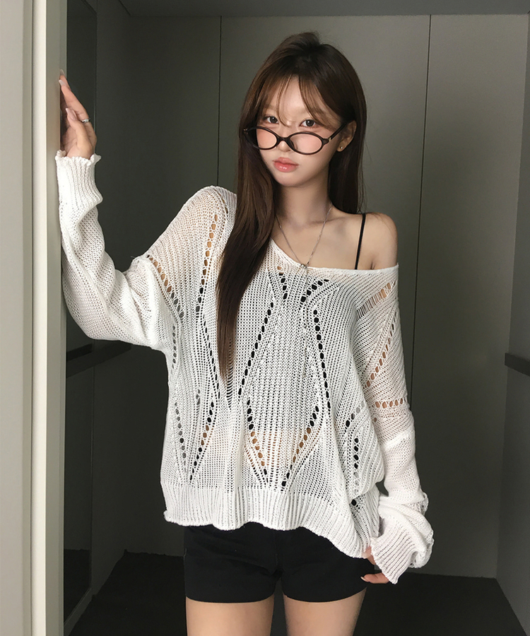 ルーズパンチングVネックシアーニット WHITE