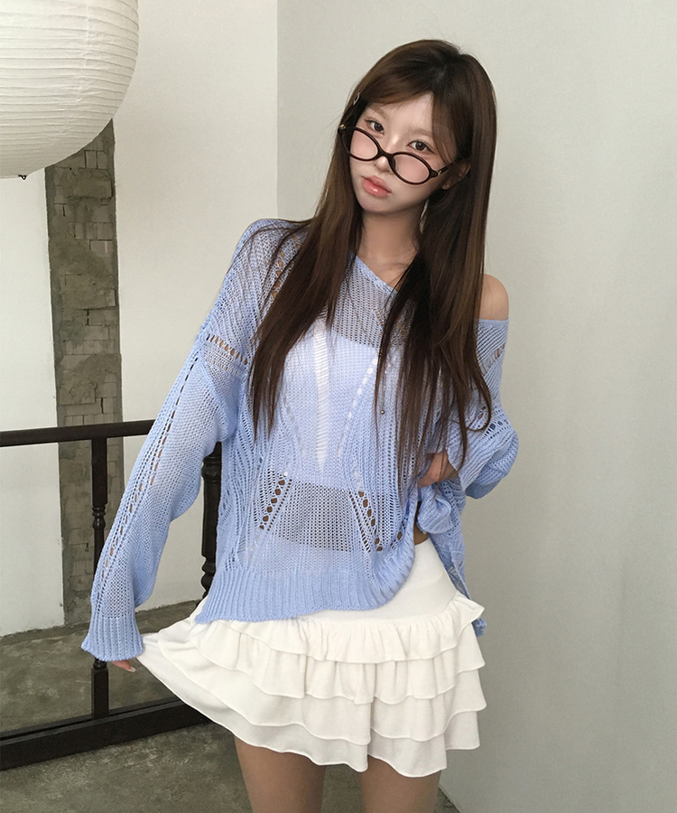 ルーズパンチングVネックシアーニット BLUE
