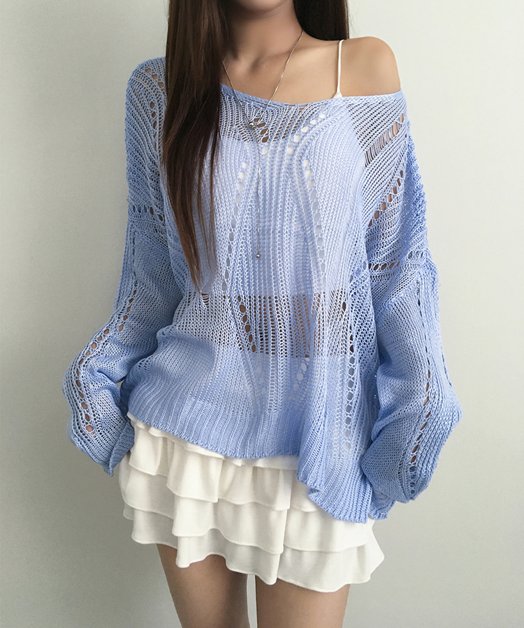 ルーズパンチングVネックシアーニット BLUE