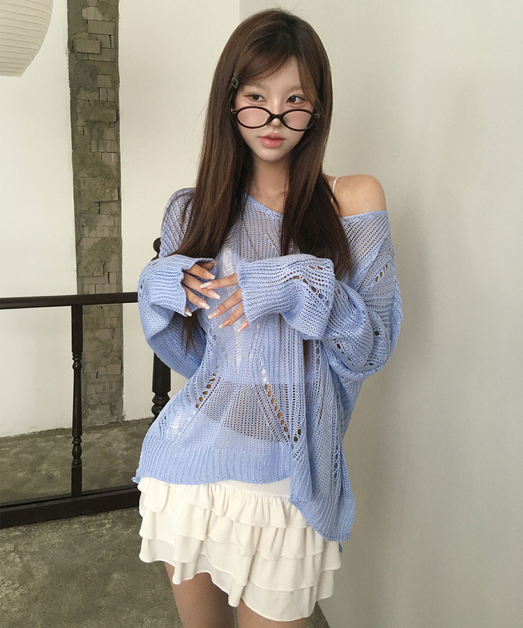 ルーズパンチングVネックシアーニット BLUE