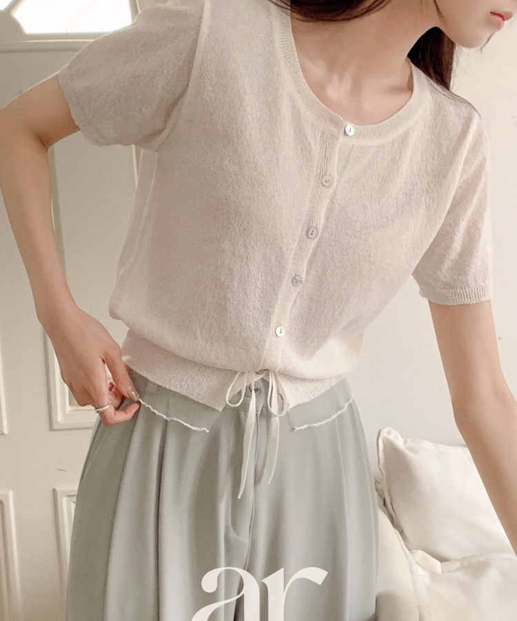 (韓国製)（国内製作）（6カラー／リボンポイント♥／華奢見えフィット）配色リボン 半袖カーディガン IVORY