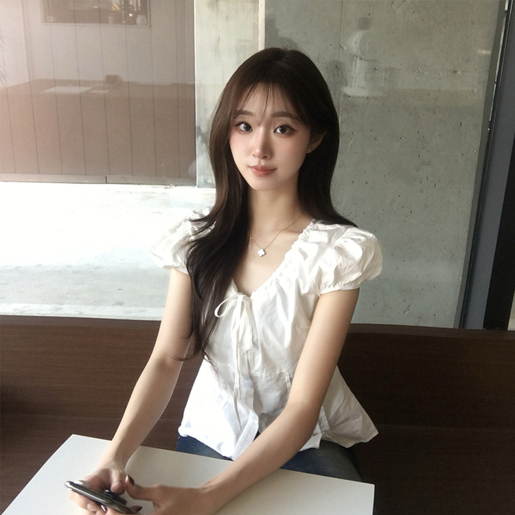 크리미 브이넥 여름 리본 스트랩 반팔 블라우스 허리잘록 핀턱 상의 데일리 반팔티 하객룩 셔츠 티셔츠 4color 화이트
