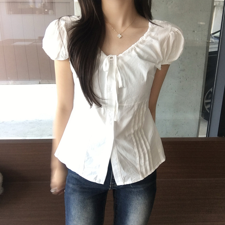 크리미 브이넥 여름 리본 스트랩 반팔 블라우스 허리잘록 핀턱 상의 데일리 반팔티 하객룩 셔츠 티셔츠 4color 화이트