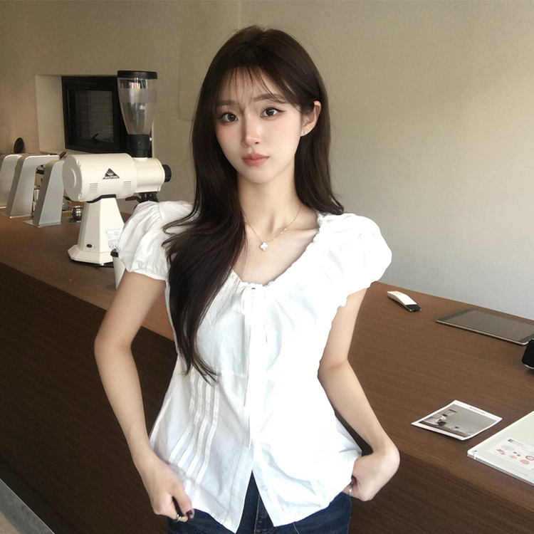 크리미 브이넥 여름 리본 스트랩 반팔 블라우스 허리잘록 핀턱 상의 데일리 반팔티 하객룩 셔츠 티셔츠 4color 화이트