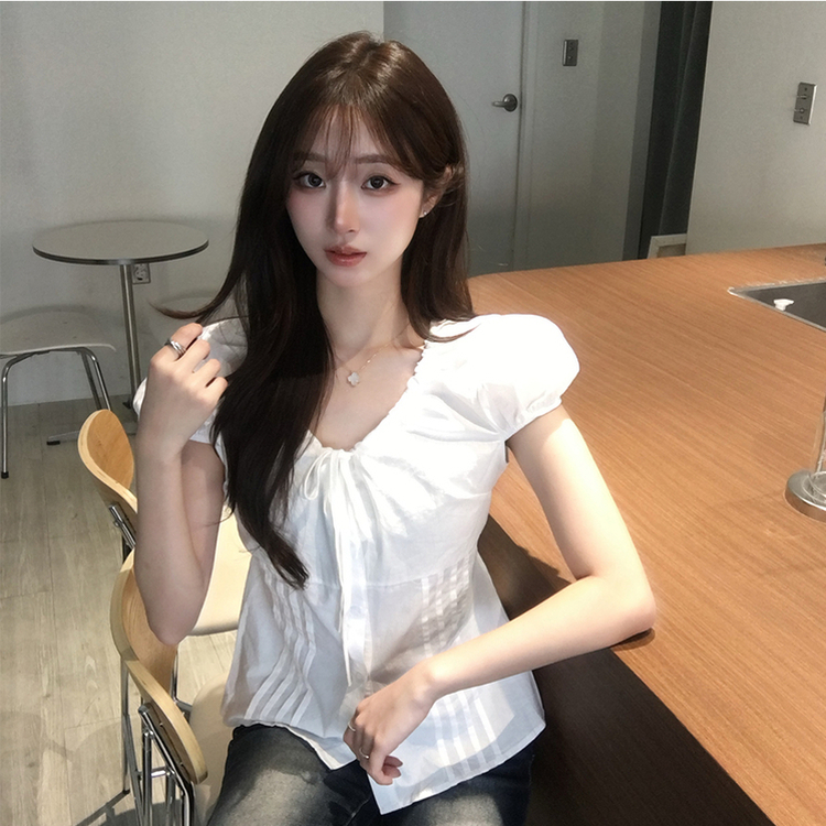 크리미 브이넥 여름 리본 스트랩 반팔 블라우스 허리잘록 핀턱 상의 데일리 반팔티 하객룩 셔츠 티셔츠 4color 화이트