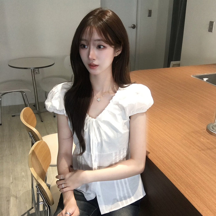 크리미 브이넥 여름 리본 스트랩 반팔 블라우스 허리잘록 핀턱 상의 데일리 반팔티 하객룩 셔츠 티셔츠 4color 화이트
