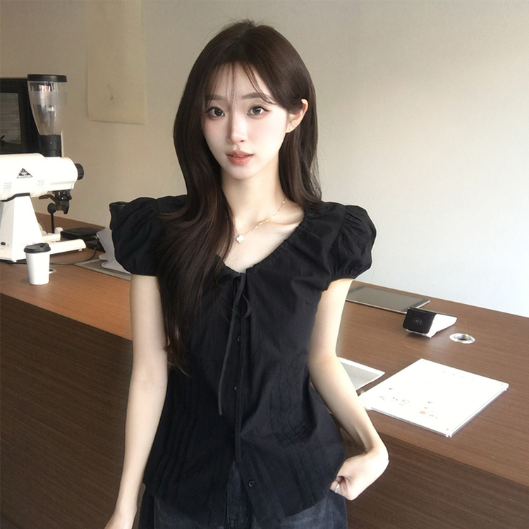 크리미 브이넥 여름 리본 스트랩 반팔 블라우스 허리잘록 핀턱 상의 데일리 반팔티 하객룩 셔츠 티셔츠 4color 블랙