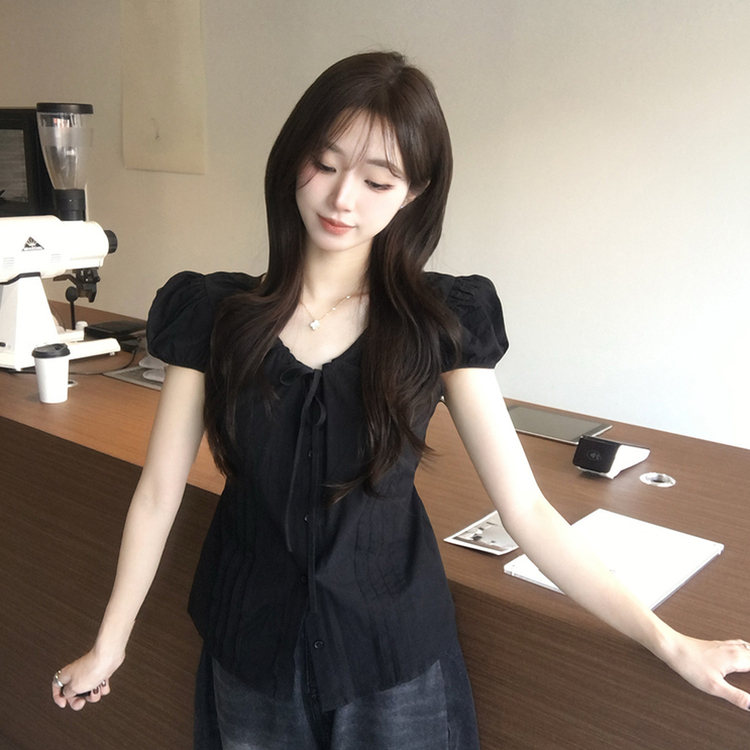 크리미 브이넥 여름 리본 스트랩 반팔 블라우스 허리잘록 핀턱 상의 데일리 반팔티 하객룩 셔츠 티셔츠 4color 블랙