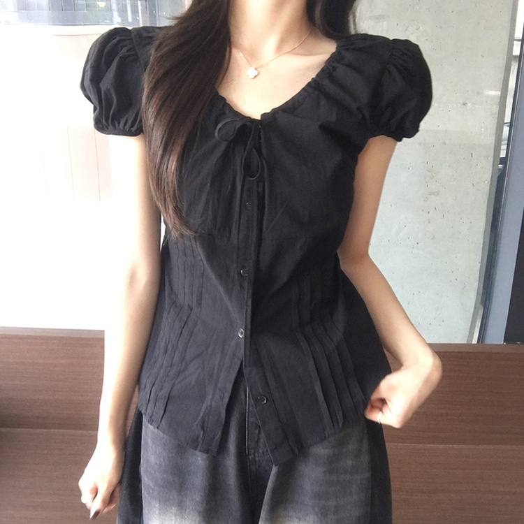 크리미 브이넥 여름 리본 스트랩 반팔 블라우스 허리잘록 핀턱 상의 데일리 반팔티 하객룩 셔츠 티셔츠 4color 블랙