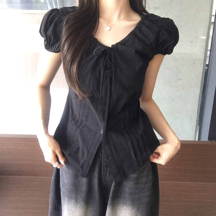 크리미 브이넥 여름 리본 스트랩 반팔 블라우스 허리잘록 핀턱 상의 데일리 반팔티 하객룩 셔츠 티셔츠 4color 블랙