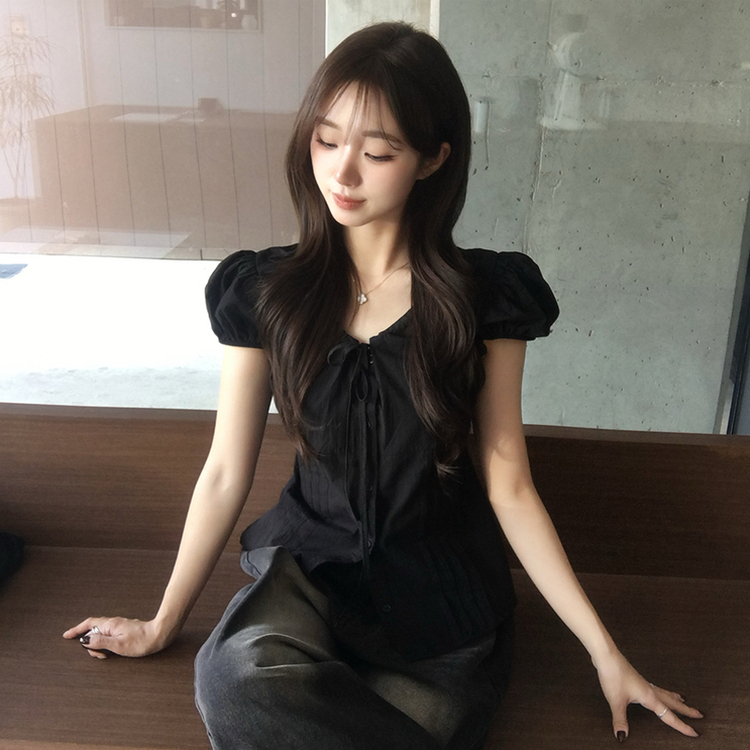 크리미 브이넥 여름 리본 스트랩 반팔 블라우스 허리잘록 핀턱 상의 데일리 반팔티 하객룩 셔츠 티셔츠 4color 블랙