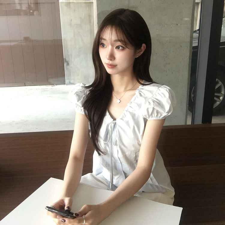 크리미 브이넥 여름 리본 스트랩 반팔 블라우스 허리잘록 핀턱 상의 데일리 반팔티 하객룩 셔츠 티셔츠 4color 소라