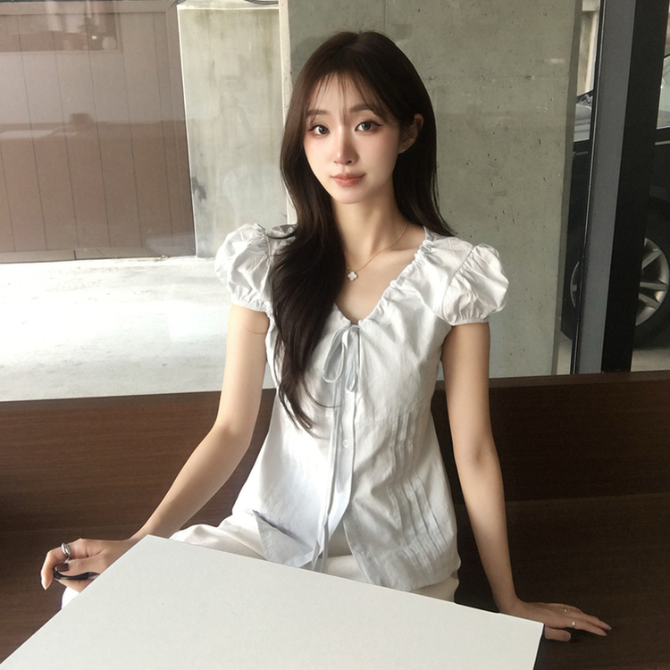 크리미 브이넥 여름 리본 스트랩 반팔 블라우스 허리잘록 핀턱 상의 데일리 반팔티 하객룩 셔츠 티셔츠 4color 소라