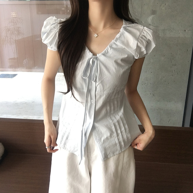 크리미 브이넥 여름 리본 스트랩 반팔 블라우스 허리잘록 핀턱 상의 데일리 반팔티 하객룩 셔츠 티셔츠 4color 소라