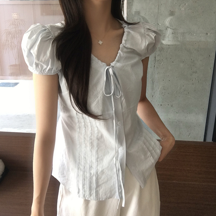크리미 브이넥 여름 리본 스트랩 반팔 블라우스 허리잘록 핀턱 상의 데일리 반팔티 하객룩 셔츠 티셔츠 4color 소라