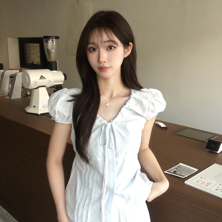 크리미 브이넥 여름 리본 스트랩 반팔 블라우스 허리잘록 핀턱 상의 데일리 반팔티 하객룩 셔츠 티셔츠 4color 소라