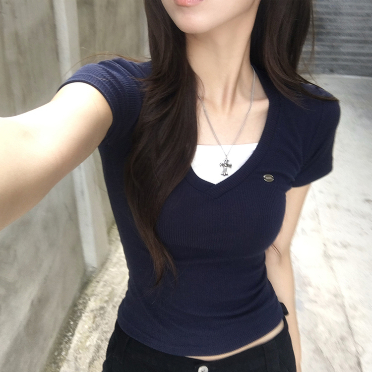 레이어드 효과 무지 브이넥 여름 반팔 티셔츠 팬던트 슬림핏 반팔티 데일리 골지 반팔티 배색 와펜 일체형 상의 3color 네이비