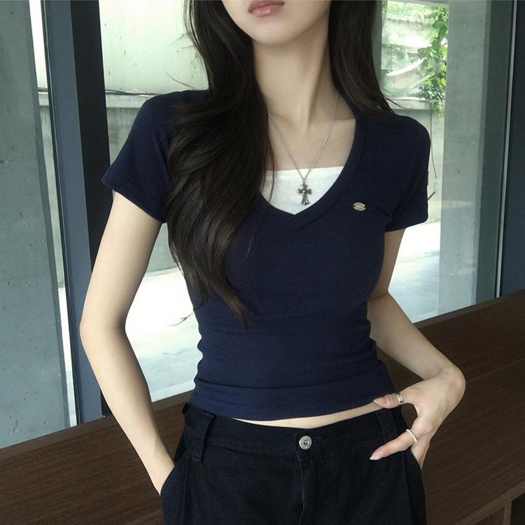 레이어드 효과 무지 브이넥 여름 반팔 티셔츠 팬던트 슬림핏 반팔티 데일리 골지 반팔티 배색 와펜 일체형 상의 3color 네이비