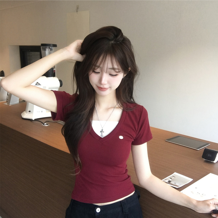 레이어드 효과 무지 브이넥 여름 반팔 티셔츠 팬던트 슬림핏 반팔티 데일리 골지 반팔티 배색 와펜 일체형 상의 3color 레드