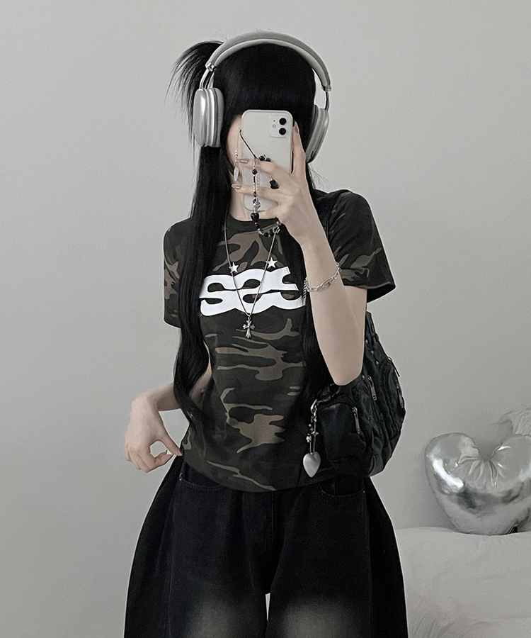 카모SSS스타프린팅레터링세미크롭반팔티셔츠 카키