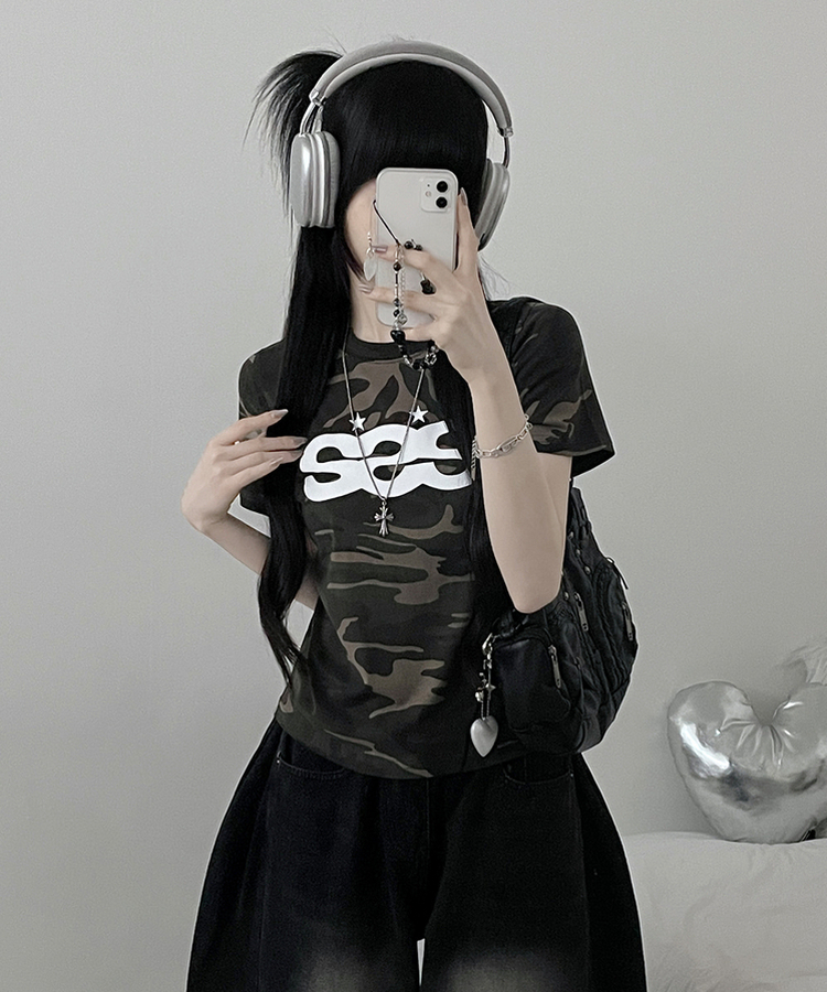 카모SSS스타프린팅레터링세미크롭반팔티셔츠 카키