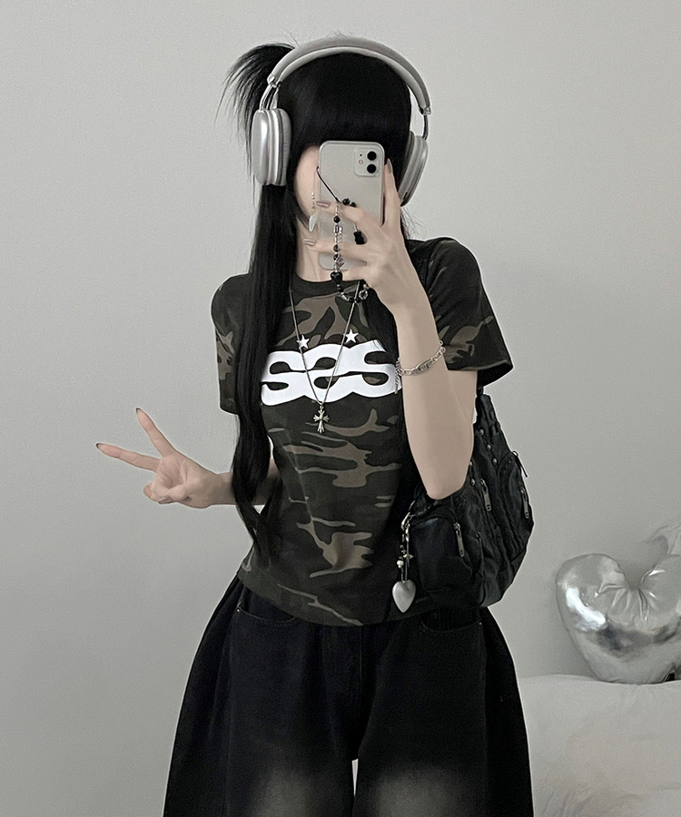 카모SSS스타프린팅레터링세미크롭반팔티셔츠 카키