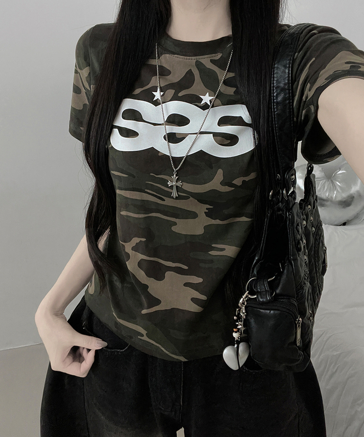 카모SSS스타프린팅레터링세미크롭반팔티셔츠 카키