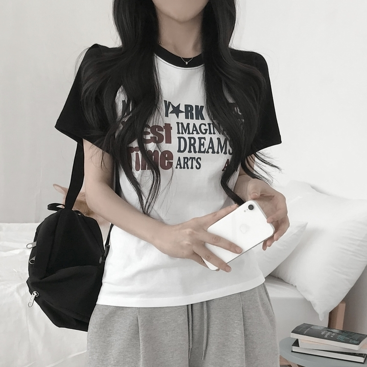 ラグランデザインプリントセミクロップTシャツ WHITE