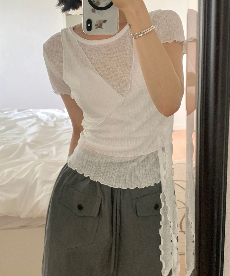 【SET】ウェーブシャーリングビスチェ 半袖トップス IVORY