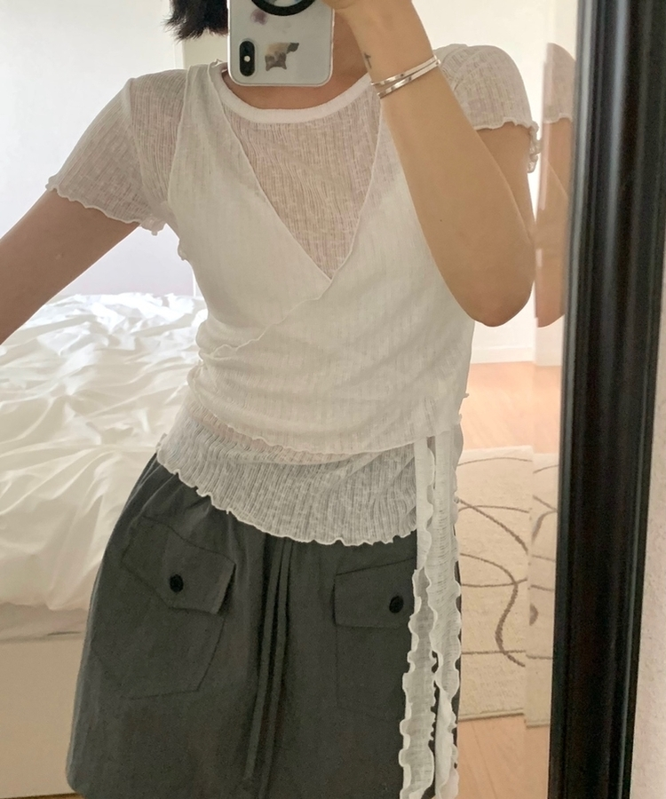 【SET】ウェーブシャーリングビスチェ 半袖トップス IVORY