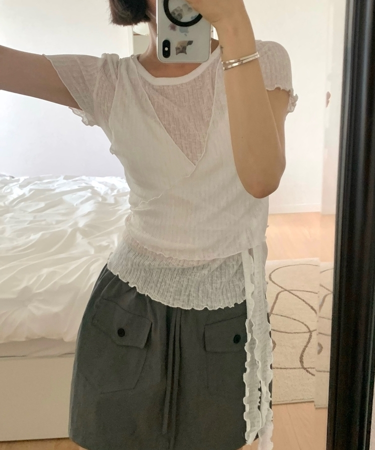 【SET】ウェーブシャーリングビスチェ 半袖トップス IVORY