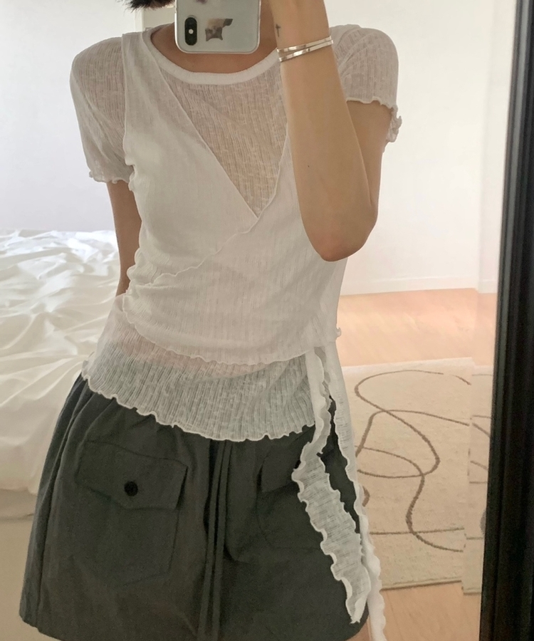 【SET】ウェーブシャーリングビスチェ 半袖トップス IVORY