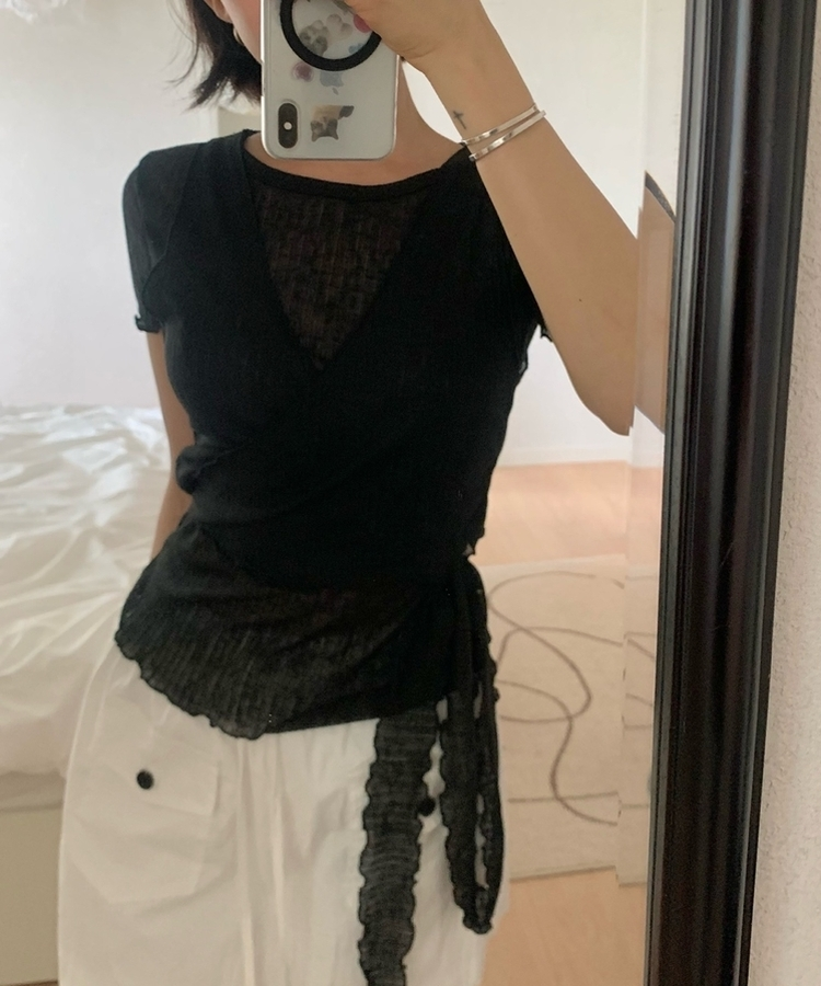 【SET】ウェーブシャーリングビスチェ 半袖トップス BLACK