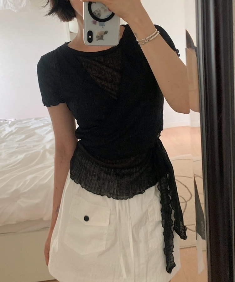 【SET】ウェーブシャーリングビスチェ 半袖トップス BLACK