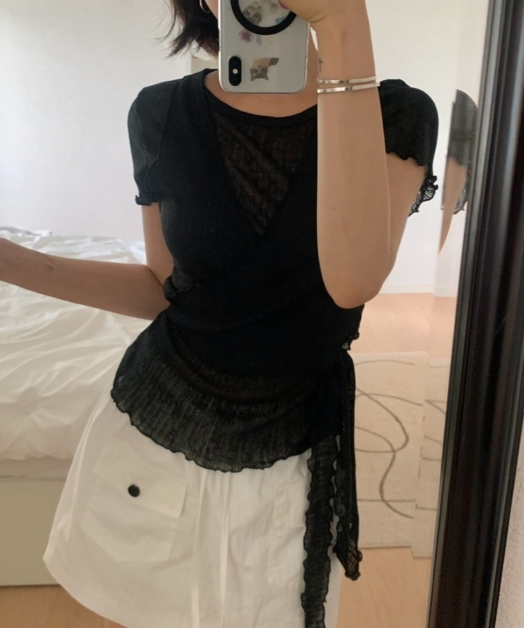 【SET】ウェーブシャーリングビスチェ 半袖トップス BLACK