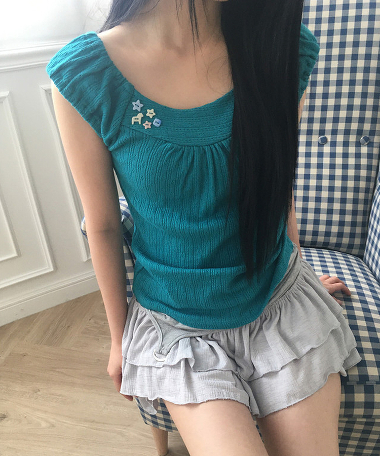 ボタンパンチングパフキャミソール TEEL BLUE