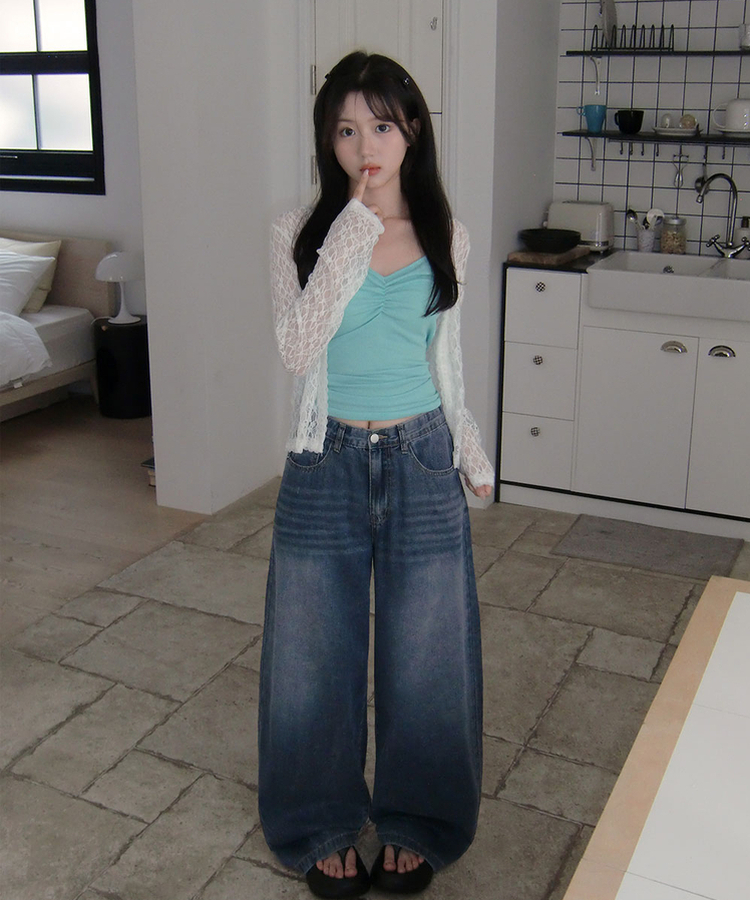 온유 셔링 브이넥 골지 나시 슬리브리스 민트