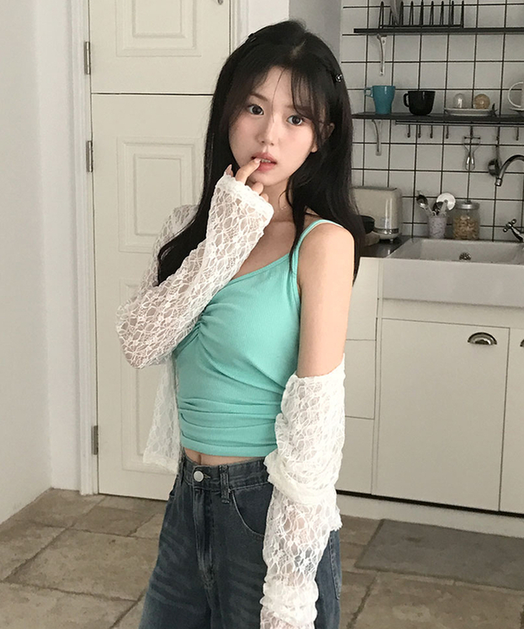 온유 셔링 브이넥 골지 나시 슬리브리스 민트