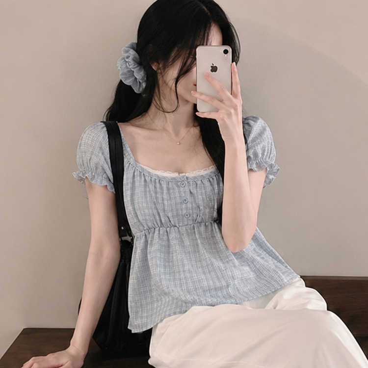 【シュシュ付き】レースレイヤードチェックブラウス(5color) SKY BLUE