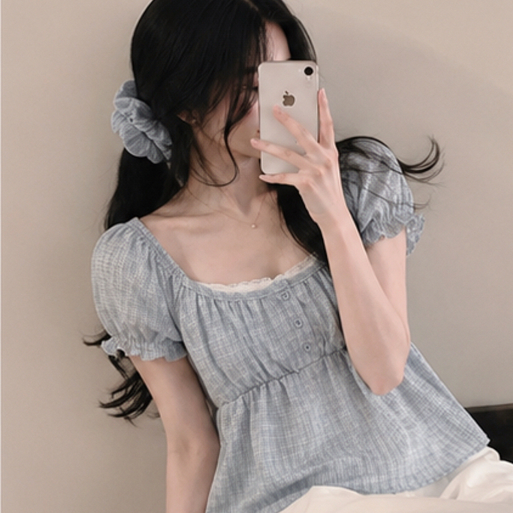 【シュシュ付き】レースレイヤードチェックブラウス(5color) SKY BLUE