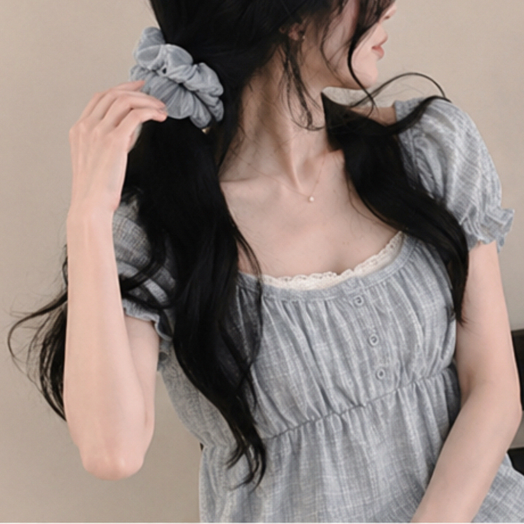 【シュシュ付き】レースレイヤードチェックブラウス(5color) SKY BLUE