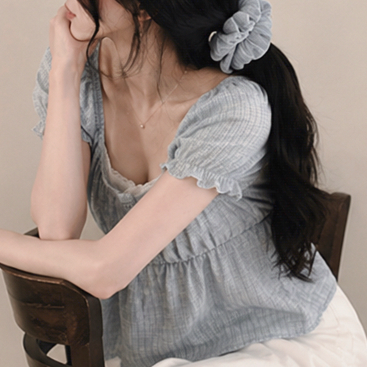 【シュシュ付き】レースレイヤードチェックブラウス(5color) SKY BLUE