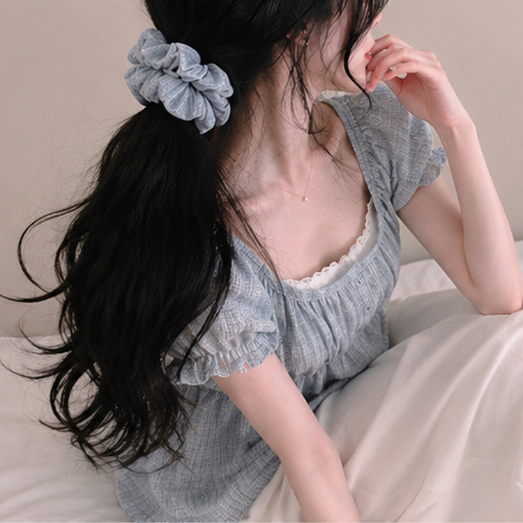 【シュシュ付き】レースレイヤードチェックブラウス(5color) SKY BLUE